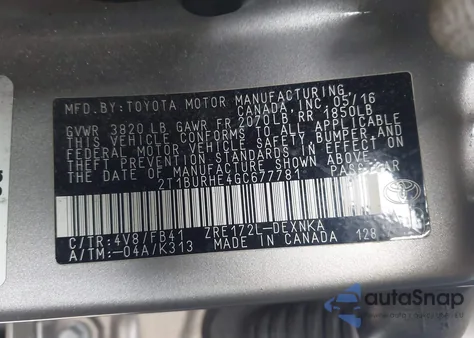 2016 Toyota Corolla Le из США, поврежденный, VIN 2T1BURHE4GC677781